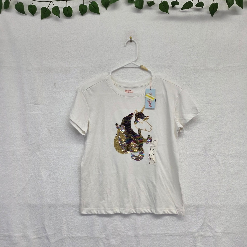 *NWT* Cat & Jack Girls XL 14 Cream Short Sleeve Flip Sequin Unicorn Graphic Tee